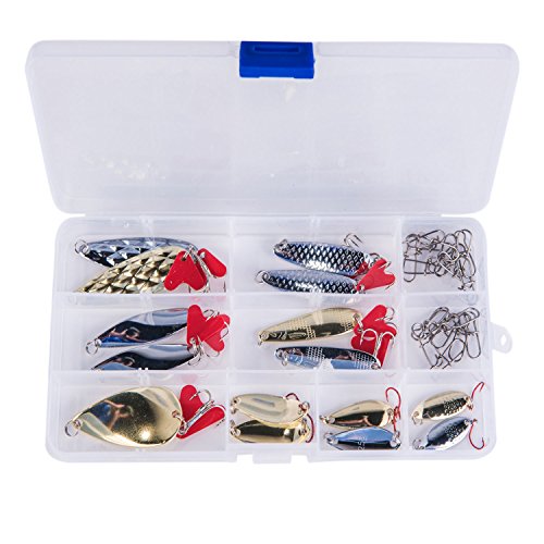 GemanFish Hard Metal Spoon Fishing Lure Set with Treble Hooks in a Plastic Tackle Box for Saltwater Freshwater Trout Bass Salmon Fishing,Pack of 45pcs