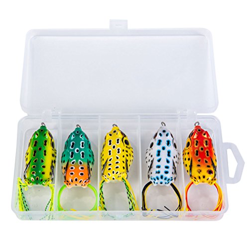 GemanFish Fishing Lures Top Water Floating Weedless Lure Hollow Frog Fishing Lures Soft Topwater Baits with Tackle Box for Bass Snake Head Saltwater Freshwater Fishing