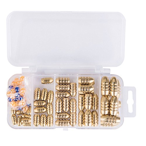 GemanFish Fishing Sinkers Set with Fishing Beads,5 Size Brass Sinker Weights in a Plastic Box for Saltwater Freshwater Trout Bass Salmon Fishing Pack of 100pcs