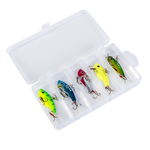 GemanFish 5pcs Fishing Lures Metal VIB Hard Spinner Blade Baits with Feathers Treble Hooks for Bass Walleyes Trout Fishing Spoons 5 Colors