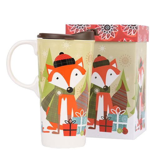 Ceramic Travel Mug for Coffee or Tea Sealed Lid 17 oz.with Gift Box,Fox