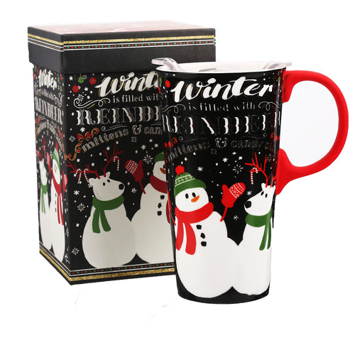 Ceramic Travel Mug for Coffee or Tea Sealed Lid 17 oz.with Gift Box,Snowman