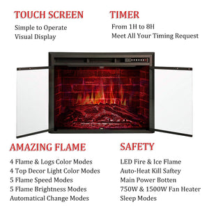 R.W.FLAME 36" Electric Fireplace Insert, Traditional Retro Recessed in Wall Freestanding Antiqued Heater,Glass Door,Mesh Screen,Touch Screen,Multicolor Flames, Remote Control,750w/1500w,Black