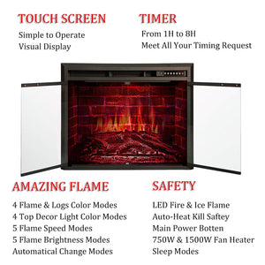 R.W.FLAME 33" Electric Fireplace Insert, Traditional Retro Recessed in Wall Freestanding Antiqued Heater,Glass Door,Mesh Screen,Touch Screen,Multicolor Flames, Remote Control,750w/1500w,Black