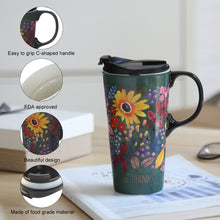Load image into Gallery viewer, Topadorn Coffee Ceramic Mug Porcelain Latte Tea Cup With Lid in Gift Box 17oz., Give Thanks Flowers