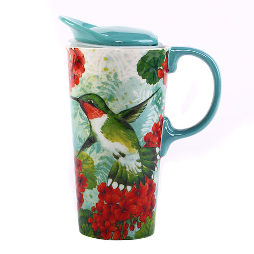 Topadorn Ceramic Mug Travel Coffee Porcelain Latte Tea Cup With Lid 20oz. Green Bird