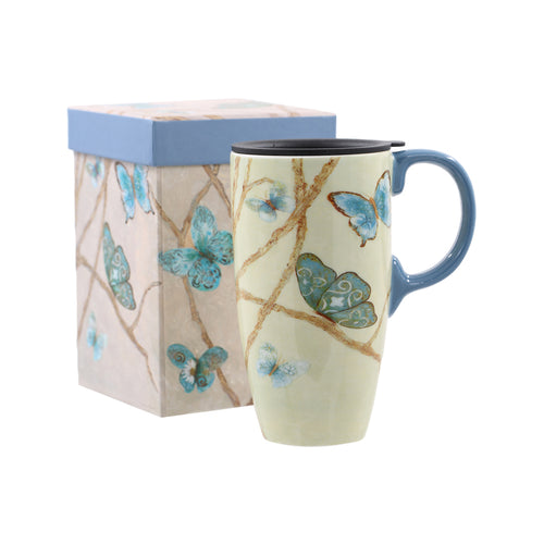 Topadorn Coffee Ceramic Mug Porcelain Latte Tea Cup With Lid in Gift Box 17oz., Blue Butterfly