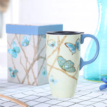 Load image into Gallery viewer, Topadorn Coffee Ceramic Mug Porcelain Latte Tea Cup With Lid in Gift Box 17oz., Blue Butterfly