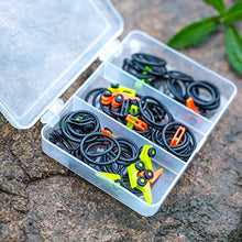 Load image into Gallery viewer, GemanFish Durable Plastic Fishing Rod Pole Hook Keepers,3 Colors Easy Secure Lures Jig Bait Holders with 2 Size Adjustable Elastic Rubber Rings,Pack of 72pcs Small Fishing Accessories