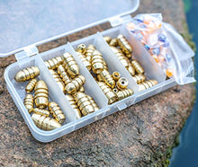 Load image into Gallery viewer, GemanFish Fishing Sinkers Set with Fishing Beads,5 Size Brass Sinker Weights in a Plastic Box for Saltwater Freshwater Trout Bass Salmon Fishing Pack of 100pcs