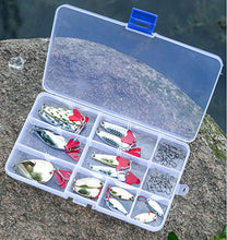 Load image into Gallery viewer, GemanFish Hard Metal Spoon Fishing Lure Set with Treble Hooks in a Plastic Tackle Box for Saltwater Freshwater Trout Bass Salmon Fishing,Pack of 45pcs