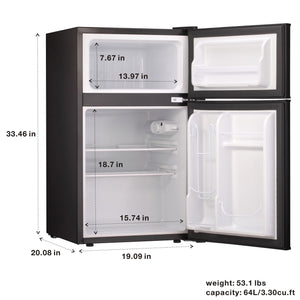 Kismile Compact Refrigerator, 2 Door Refrigerator and Freezer, Dorm or Apartment, 3.3 cu ft, Black