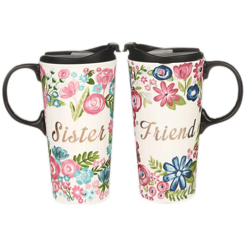 CEDAR HOME Travel Coffee Ceramic Mug Porcelain Latte Tea Cup With Lid in Gift Box 17oz. Sister & Friend, 2 Pack