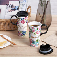 Load image into Gallery viewer, CEDAR HOME Travel Coffee Ceramic Mug Porcelain Latte Tea Cup With Lid in Gift Box 17oz. Sister &amp; Friend, 2 Pack