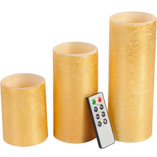 Load image into Gallery viewer, Flameless Candles LED Battery Powered Pillar Tealight Real Scented Wax with Remote by CEDAR HOME, Pack of 3, Gold