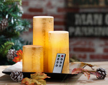 Load image into Gallery viewer, Flameless Candles LED Battery Powered Pillar Tealight Real Scented Wax with Remote by CEDAR HOME, Pack of 3, Gold