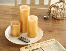 Load image into Gallery viewer, Flameless Candles LED Battery Powered Pillar Tealight Real Scented Wax with Remote by CEDAR HOME, Pack of 3, Gold