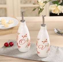 Load image into Gallery viewer, CEDAR HOME Olive Oil Bottle Set Ceramic Dispenser Porcelain Vinegar Cruet 9oz. with Stainless Steel Leak Proof Pourer Spout for Cooking or Salad Dressing, 2 Pack, Watercolor Floral