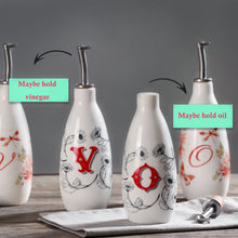 Load image into Gallery viewer, CEDAR HOME Olive Oil Bottle Set Ceramic Dispenser Porcelain Vinegar Cruet 9oz. with Stainless Steel Leak Proof Pourer Spout for Cooking or Salad Dressing, 2 Pack, Watercolor Floral