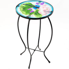 Load image into Gallery viewer, CEDAR HOME Side Table Outdoor Garden Patio Metal Accent Desk with Round Hand Painted Glass, Blue