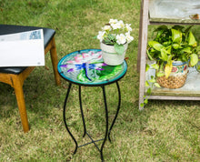 Load image into Gallery viewer, CEDAR HOME Side Table Outdoor Garden Patio Metal Accent Desk with Round Hand Painted Glass, Blue