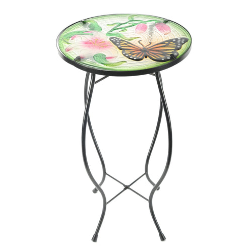 CEDAR HOME Side Table Outdoor Garden Patio Metal Accent Desk with Round Hand Painted Glass, Pink