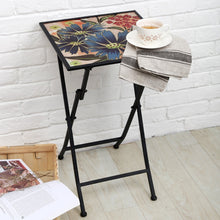 Load image into Gallery viewer, CEDAR HOME Side Table Outdoor Garden Patio Metal Accent Desk with Square Hand Painted Glass, Blue