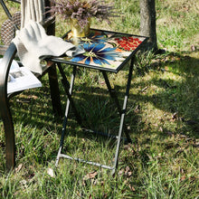Load image into Gallery viewer, CEDAR HOME Side Table Outdoor Garden Patio Metal Accent Desk with Square Hand Painted Glass, Blue